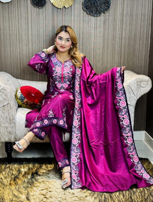 Premium Embroidered Muslin Cotton Three-Piece Set – Festive & Elegant - Image 4